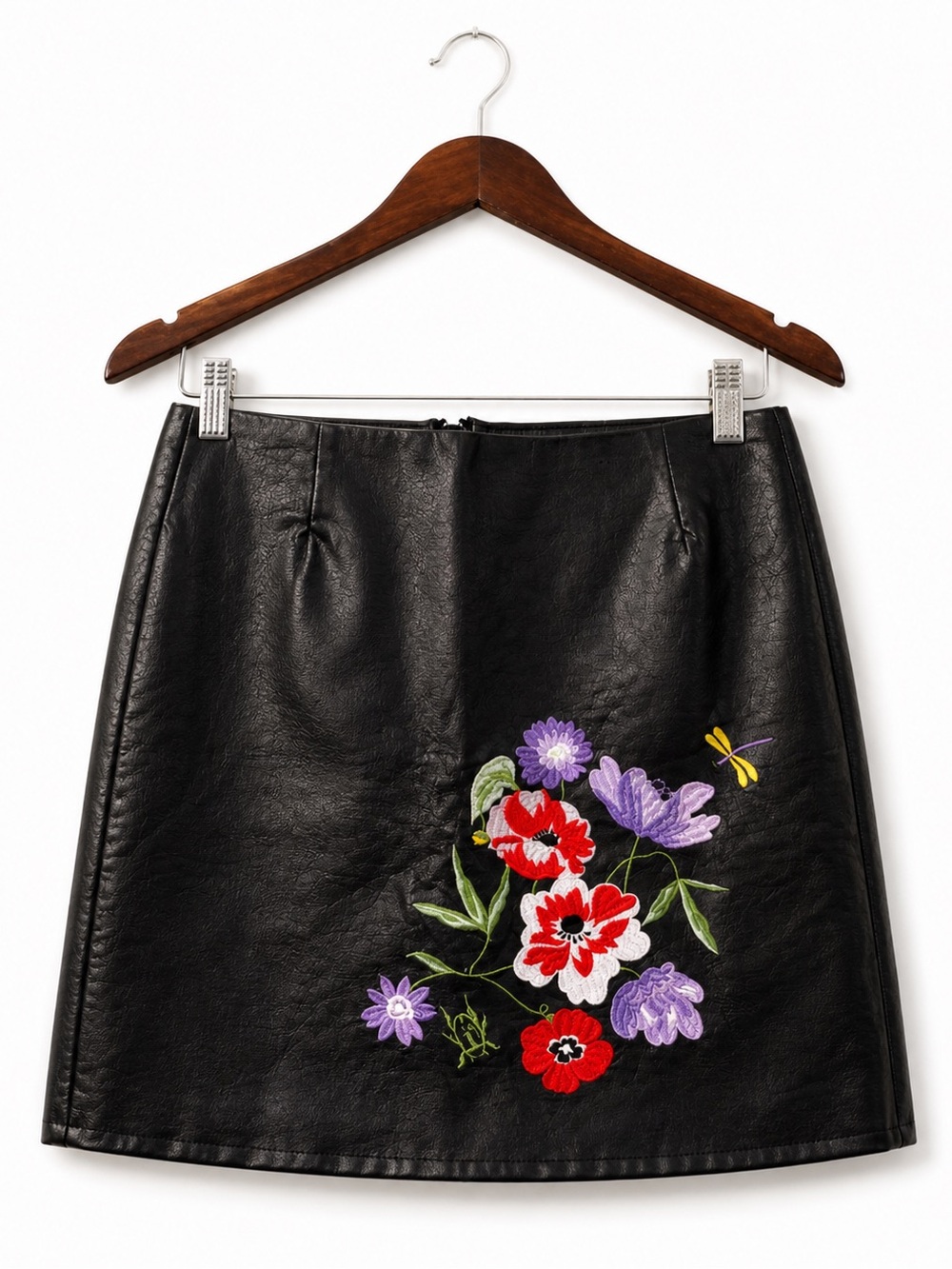 H&M Black Faux Leather Floral Embroidered Mini Skirt Size 6